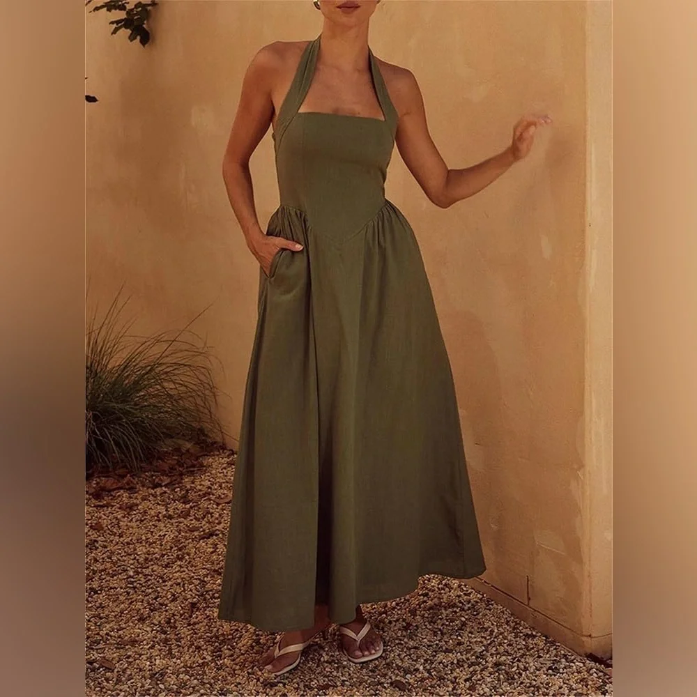 Commense Cotton & Linen Halter A Line Long Dress‎